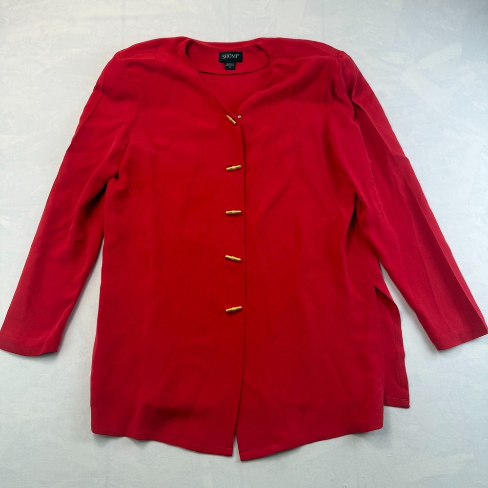 Shomi Tunic Top Womens 10 Red Silk Blend Casual Long Sleeve Gold Toggle Front